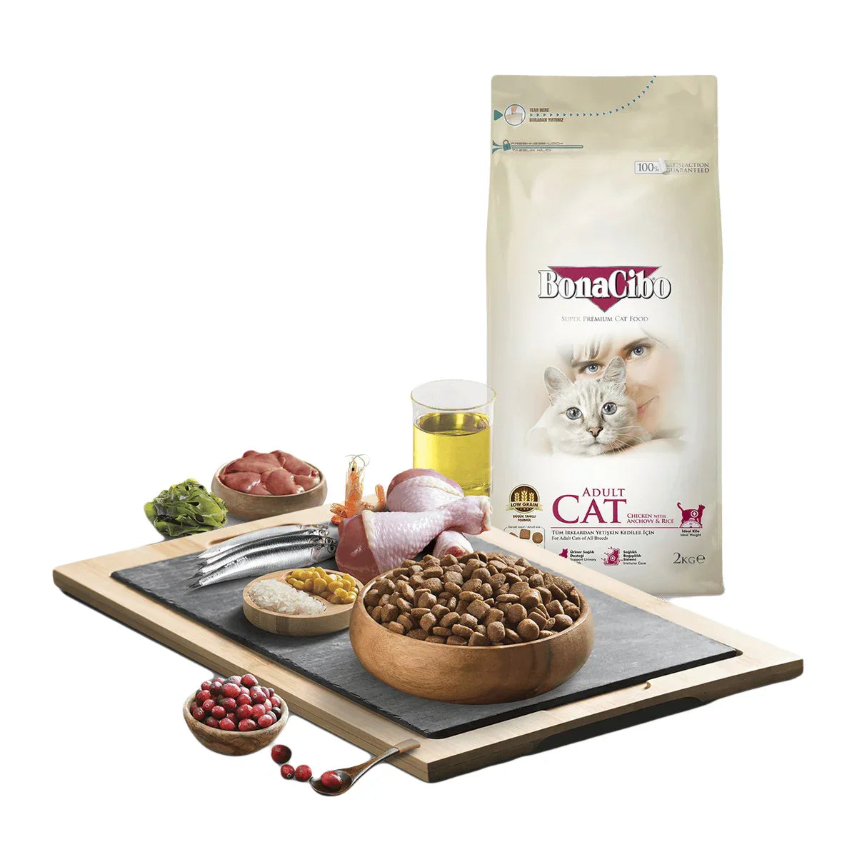 "BonaCibo Adult Cat Food – premium, nutrient-rich formula designed to support healthy digestion, a shiny coat, and strong muscles. Perfect for active and adult cats of all breeds."