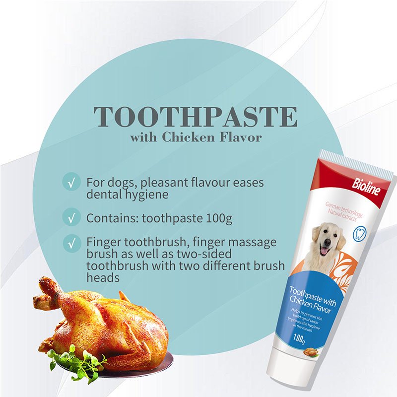 For dogs pleasant flavour eases dental hygiene.

Contains: toothpaste 100g

Finger toothbrush, finger massage brush as well as two-sided toothbrush with two different brush heads.